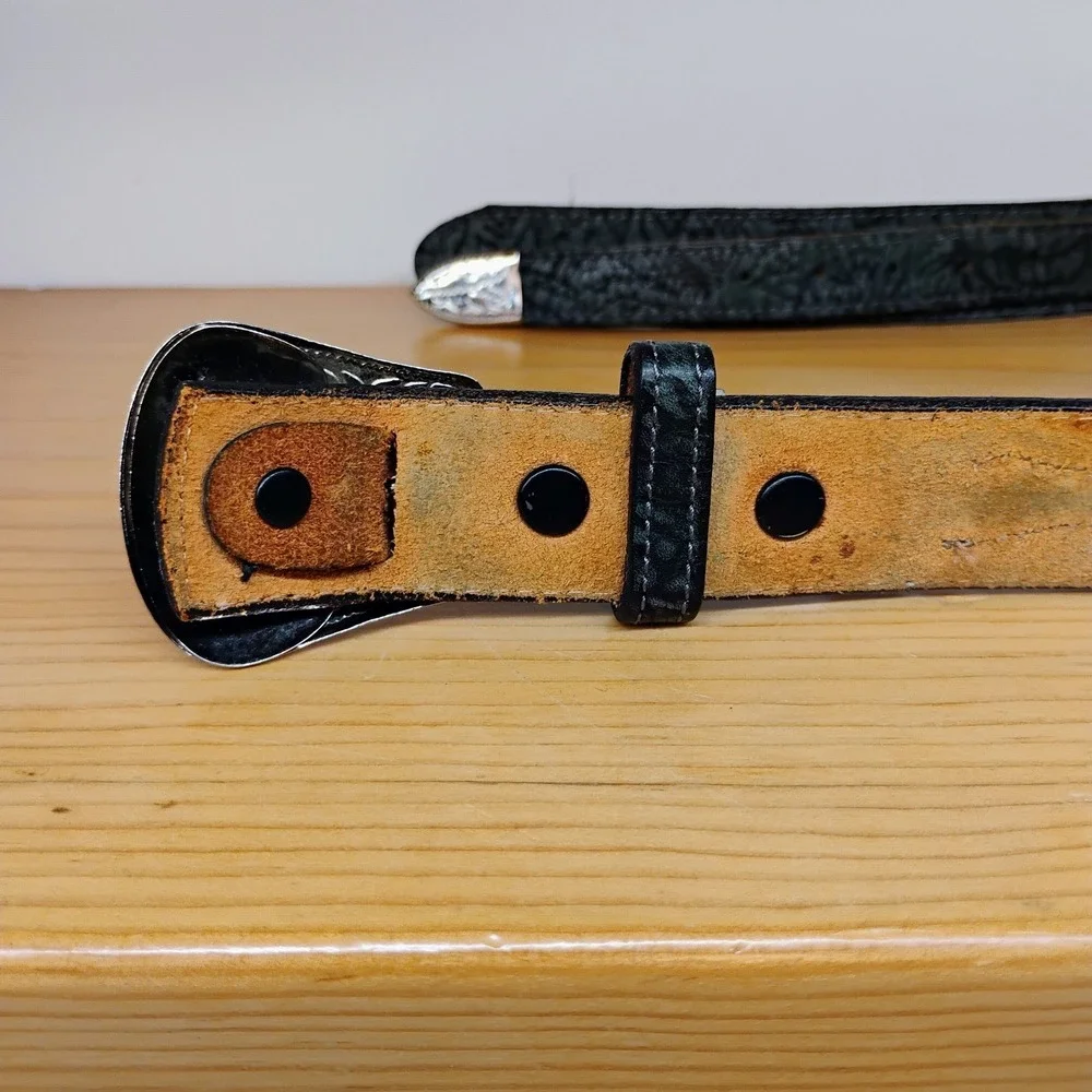 Nocona Western Belt Black &‎ Gray Crackle Leather Split Strap Silver Concho